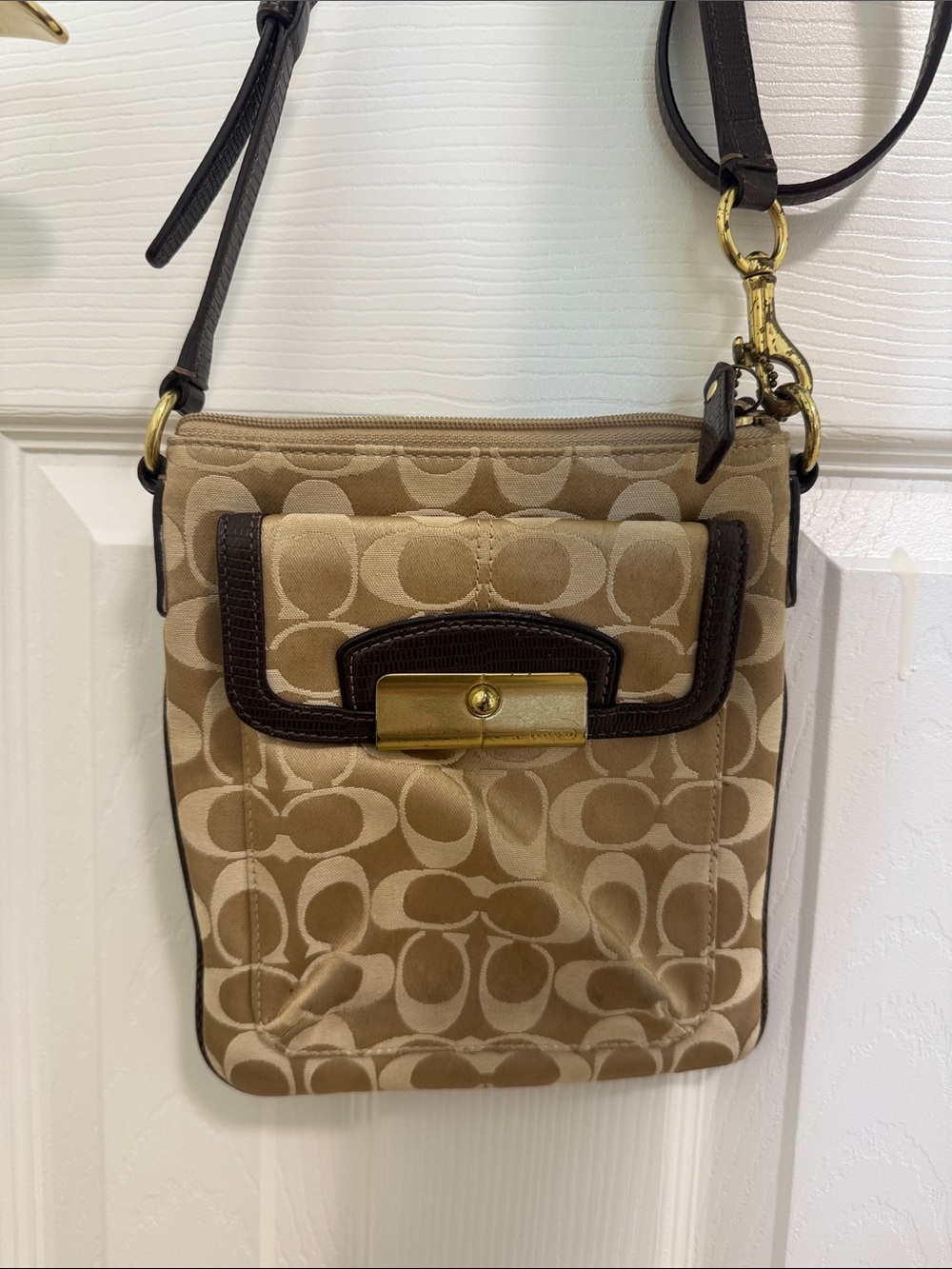Coach Khaki/Chalk Signature Crossbody with Dark Brown Trim